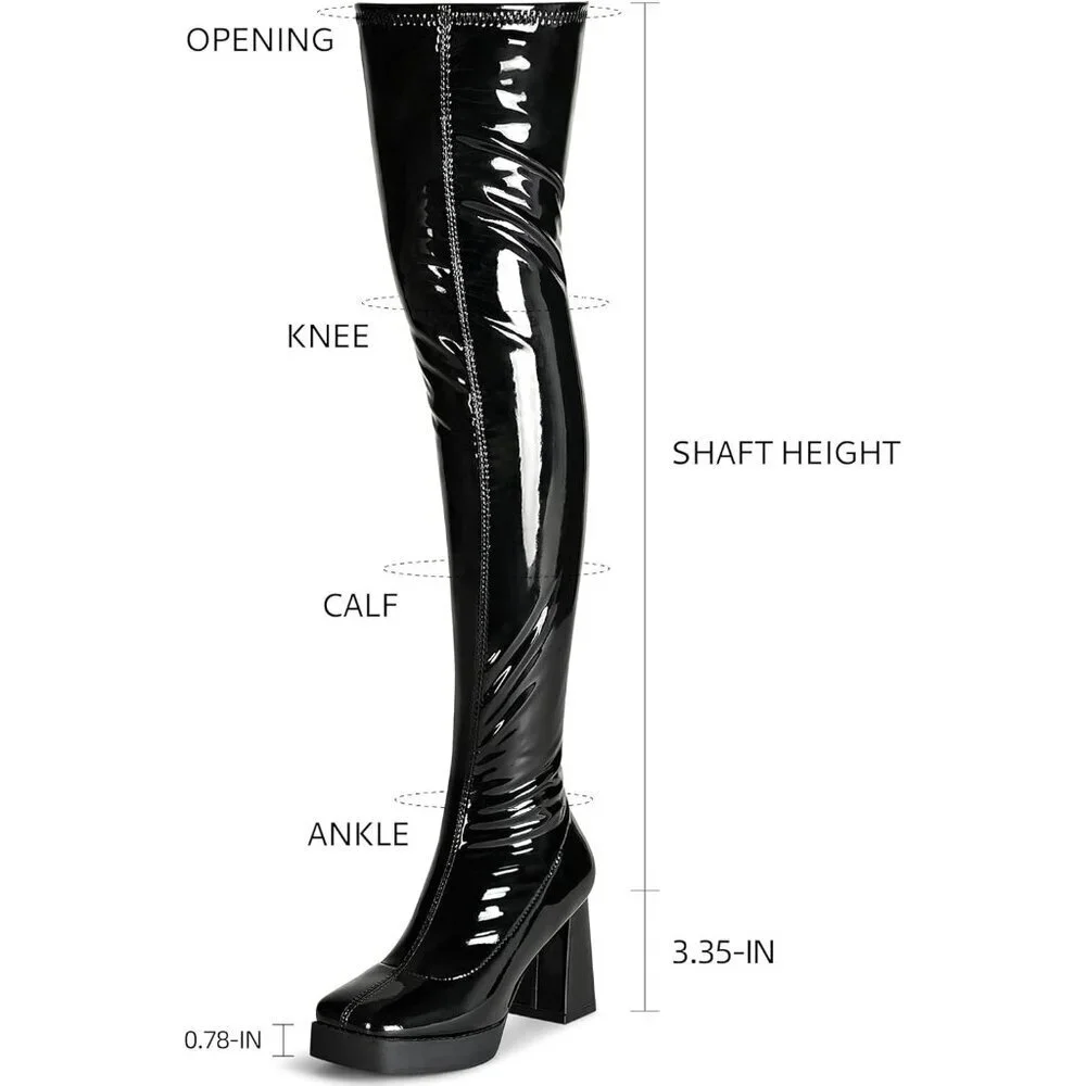 Women Black Square Toe Chunky Heels Patent Leather PU Over The Knee High Boots